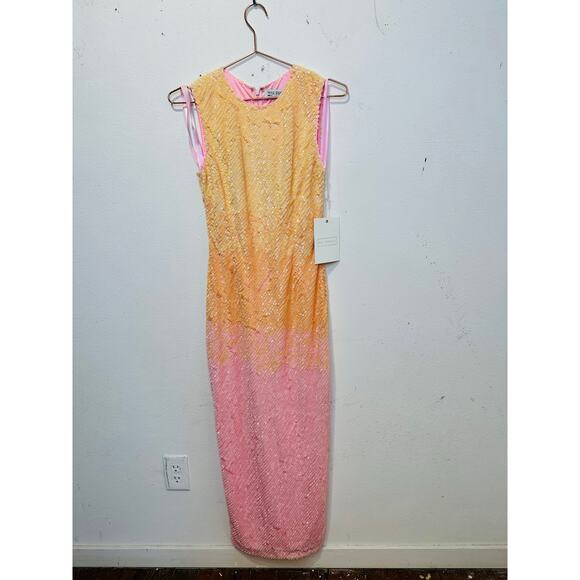 MAC DUGGAL Pink Yellow Ombre Sequin High Neckline Sleeveless Cocktail Dress sz 4 - Picture 3 of 9